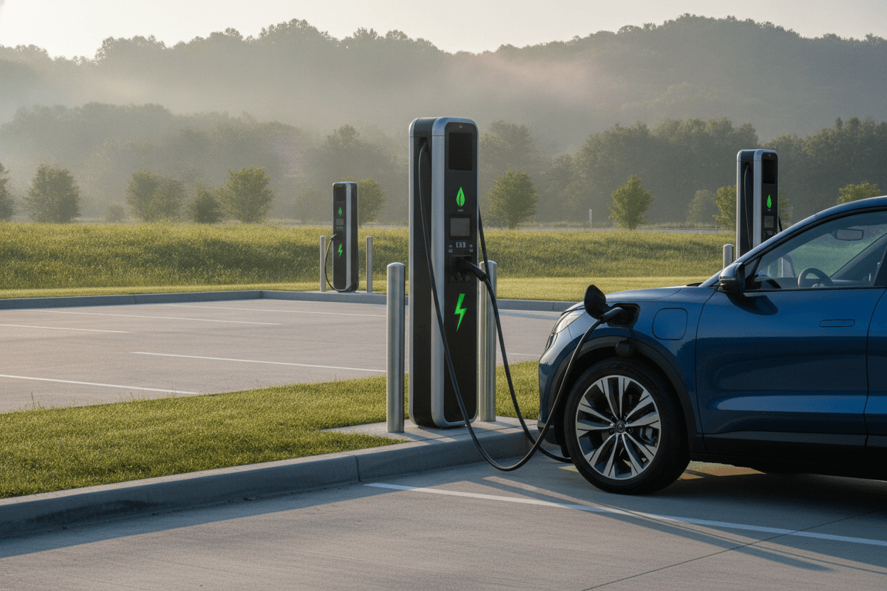 Electric SUV connected to a public fast charger at a highway rest stop