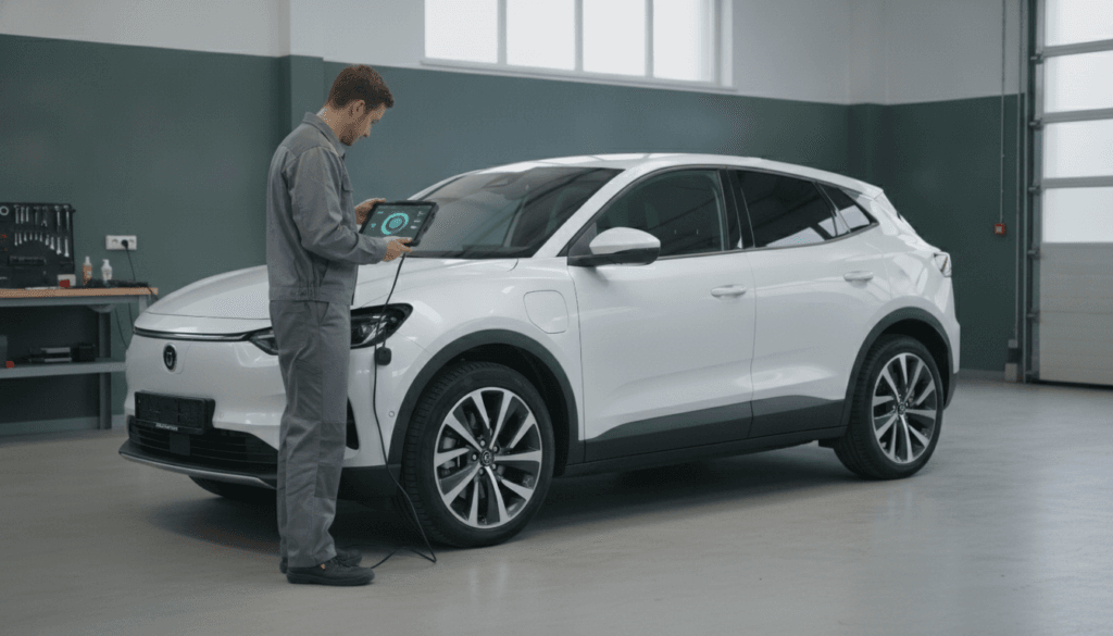 Technician checking the battery health of a used electric vehicle