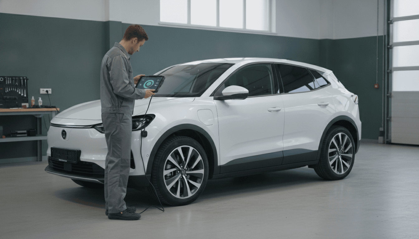 Technician checking the battery health of a used electric vehicle