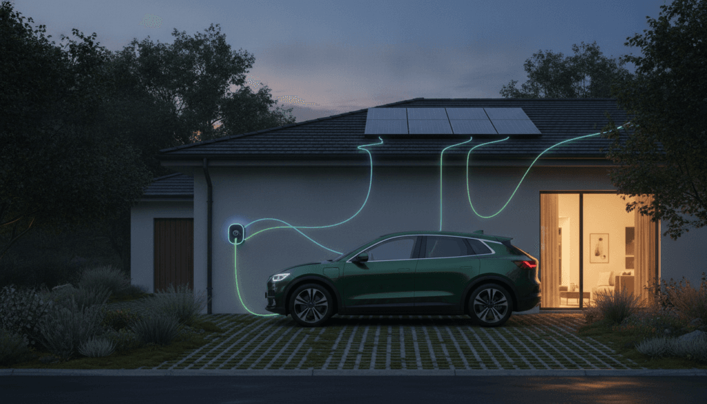 Electric vehicle connected to a home charging station for bidirectional vehicle-to-home energy transfer