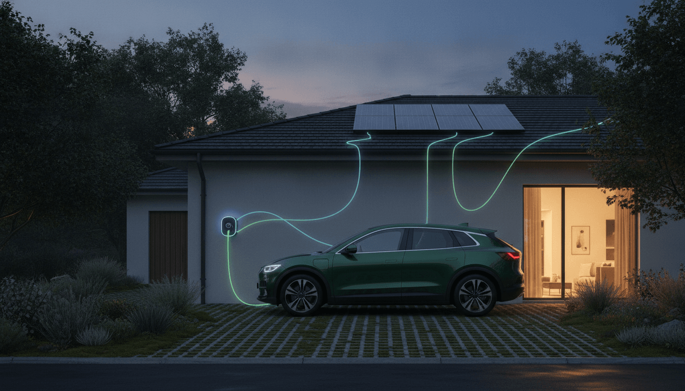 Vehicle-to-Home Charging: How Your EV Can Power Your House 1 Electric vehicle connected to a home charging station for bidirectional vehicle-to-home energy transfer