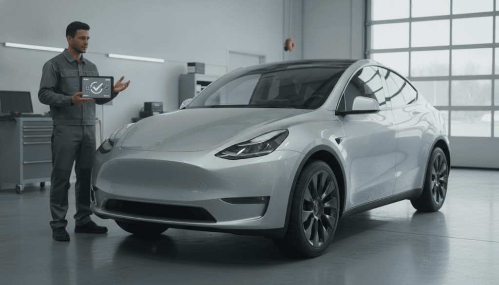 Technician checking a used electric vehicle warranty during an inspection