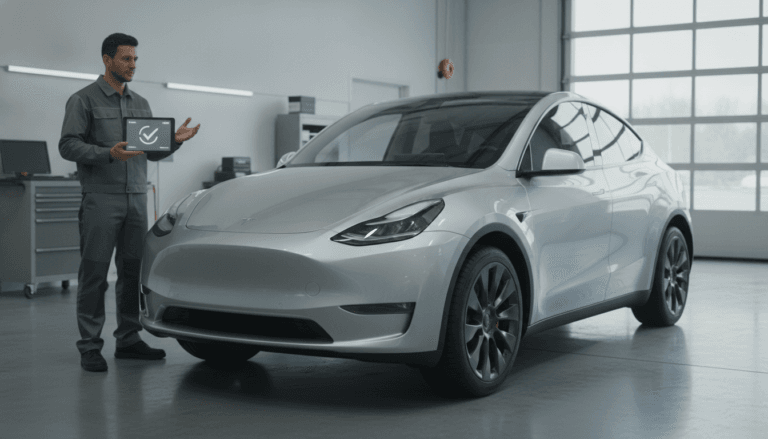 Technician checking a used electric vehicle warranty during an inspection