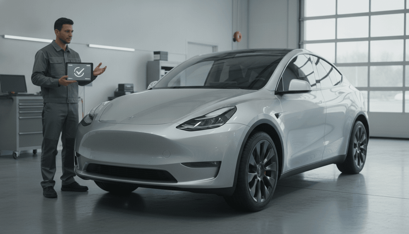 Technician checking a used electric vehicle warranty during an inspection